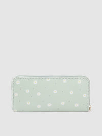 Berrylush Women Green Floral Printed Zip Detail Zip Around Wallet