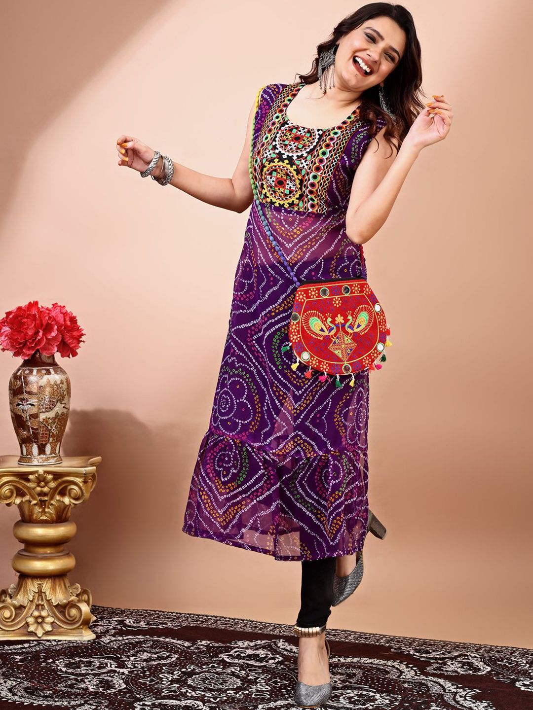 KALINI Bandhani Printed Round Neck Thread Work Georgette Straight Kurta