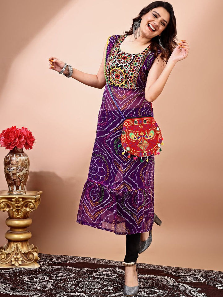 KALINI Bandhani Printed Round Neck Thread Work Georgette Straight Kurta