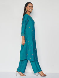 Global Desi Floral Embroidered Thread Work Detail A-Line Kurta with Trousers