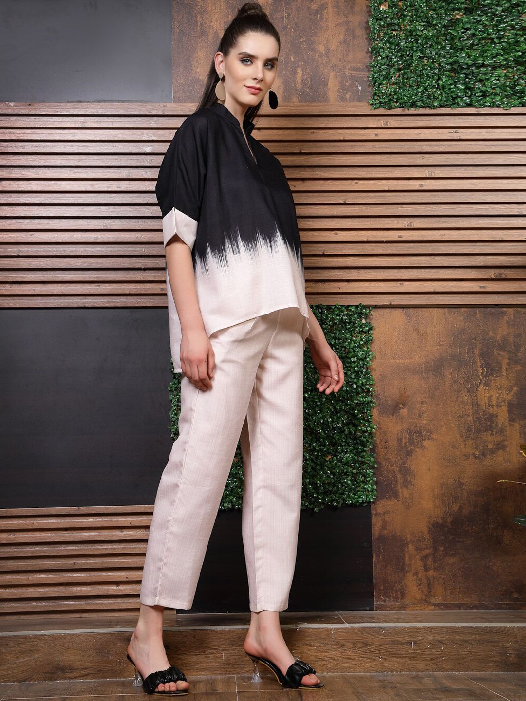 Athena Black Colourblocked Mandarin Collar Linen Top With Trousers