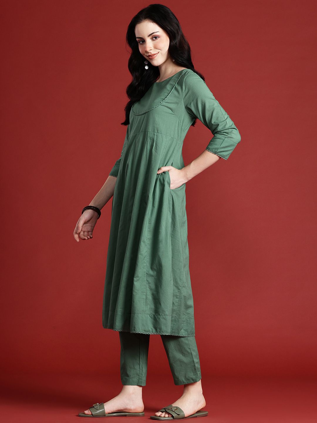 Anouk Panelled Kurta with Trousers & Dupatta