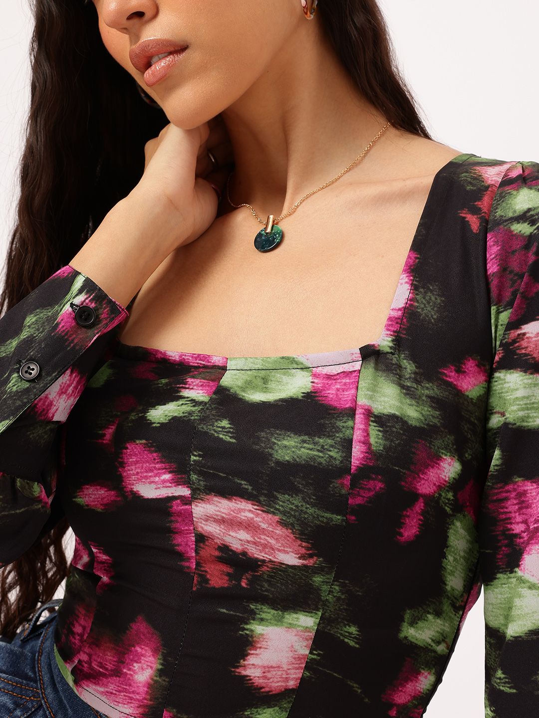 DressBerry Floral Finesse Cuffed Sleeve Crop Top