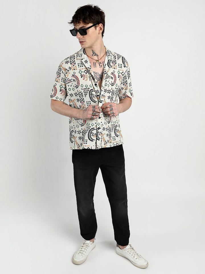 Campus Sutra Men Comfort Oversized Cuban Collar Printed Bohemian Casual Shirt
