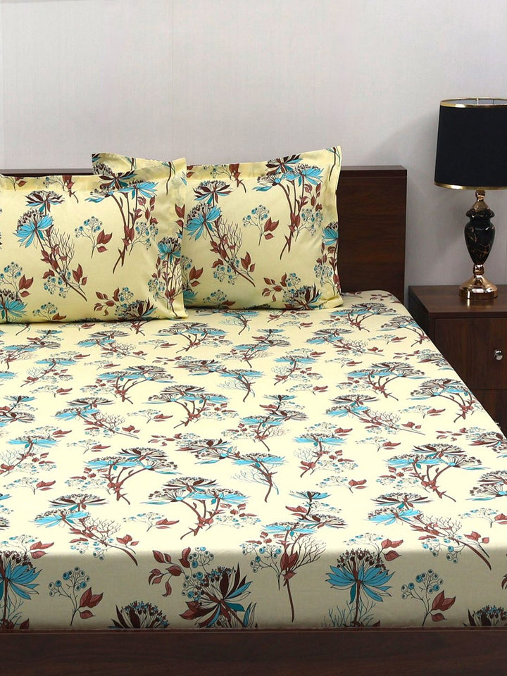 BOMBAY DYEING Cream-Coloured Floral Cotton 140 TC Double Queen Bedsheet Set-2.28 m X 2.54 m