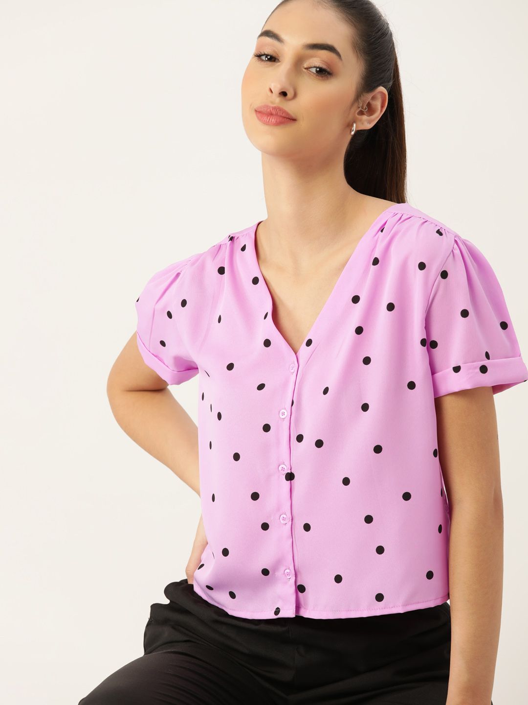 DressBerry Women Pink & Black Print Shirt Style Top