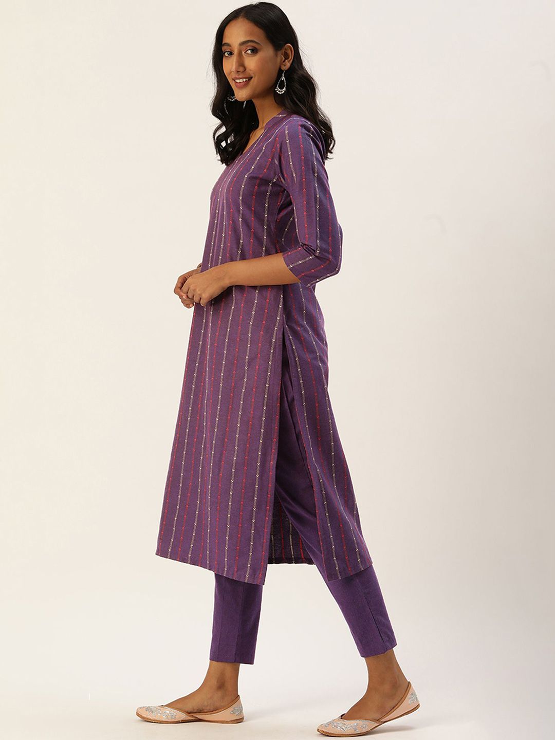 KALINI Women Striped Regular Thread Work Kurta with Trousers