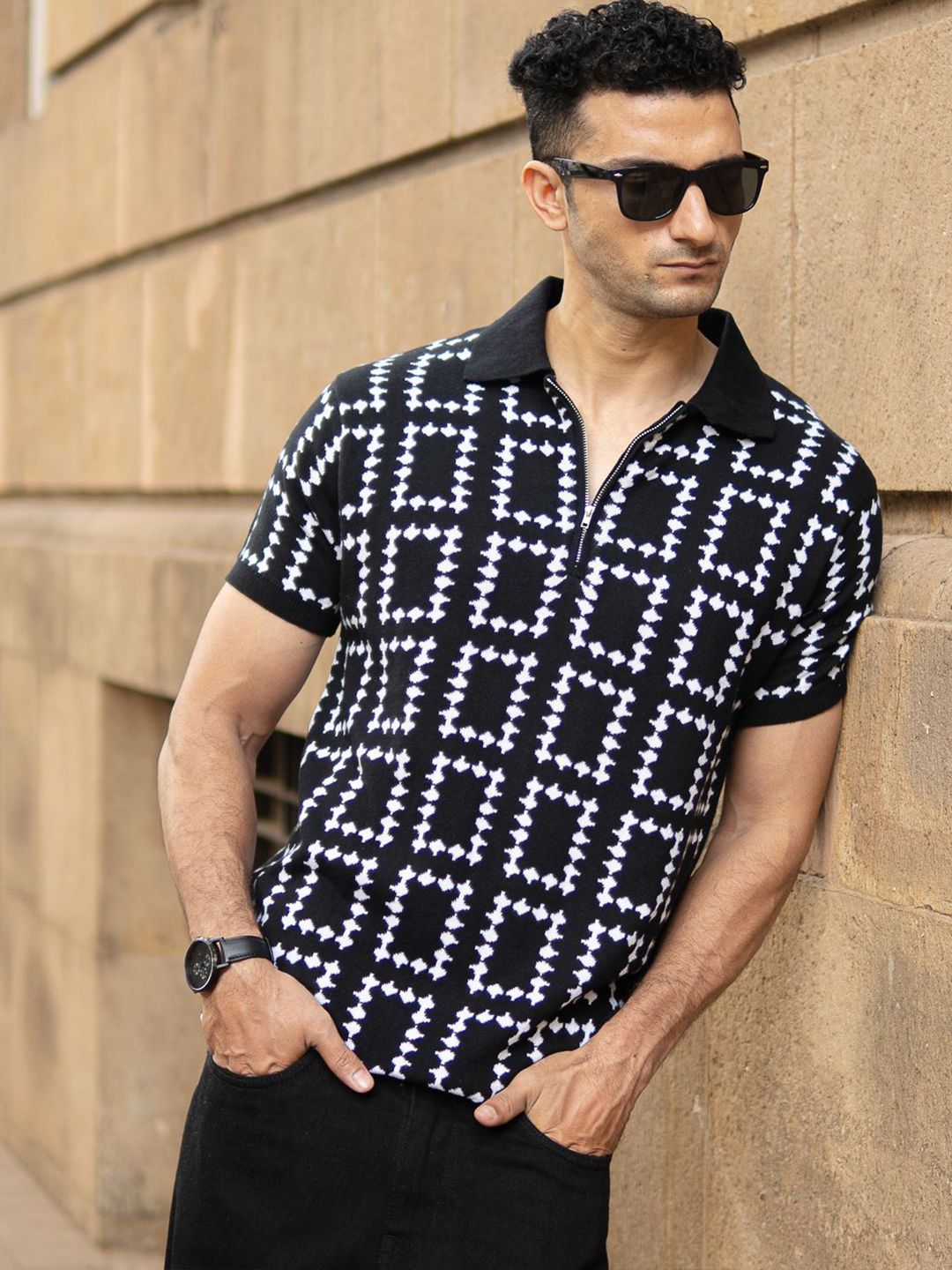 Powerlook SS25 Geometric Knit Polo Collar Pure Cotton T-Shirt