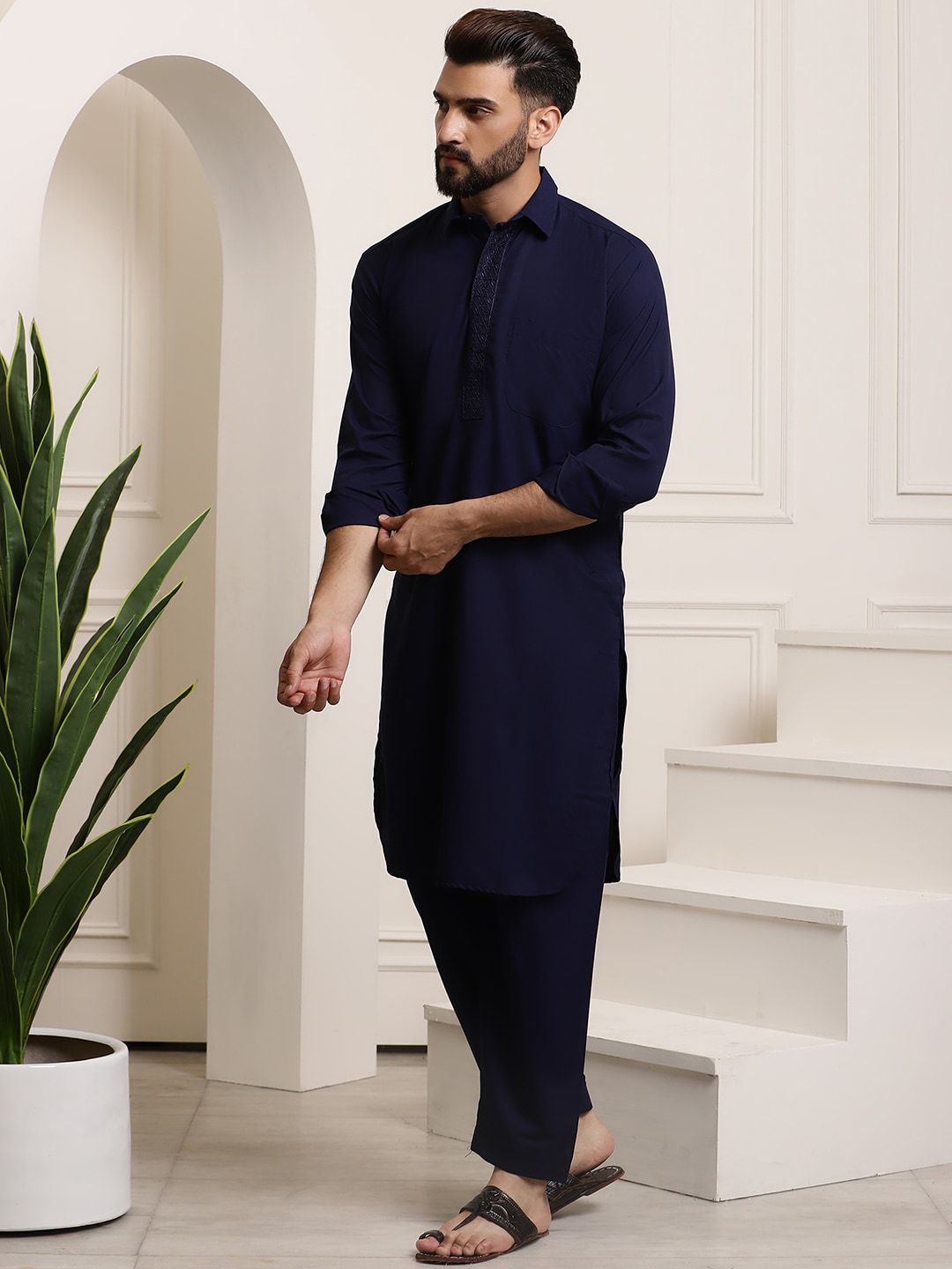 SOJANYA Thread Work Shirt Collar Pathani Pure Cotton Kurta with Pyjamas