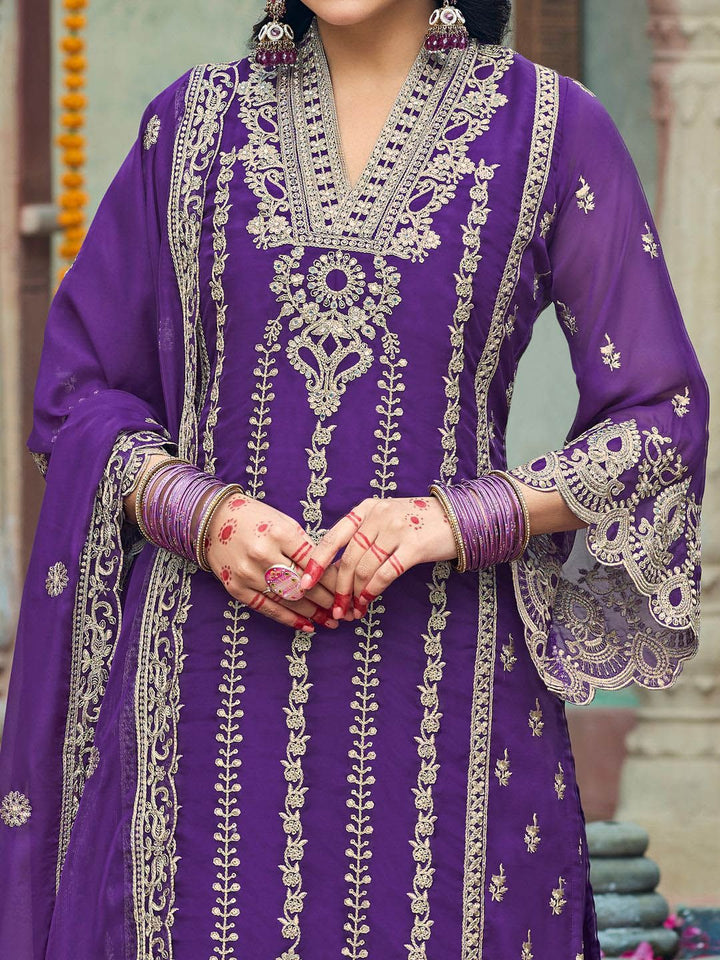 Indo Era Floral Embroidered V-Neck Zari Organza Straight Kurta With Trousers And Dupatta