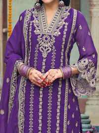 Indo Era Floral Embroidered V-Neck Zari Organza Straight Kurta With Trousers And Dupatta