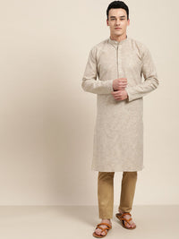 SOJANYA Men Beige & White Striped Straight Kurta