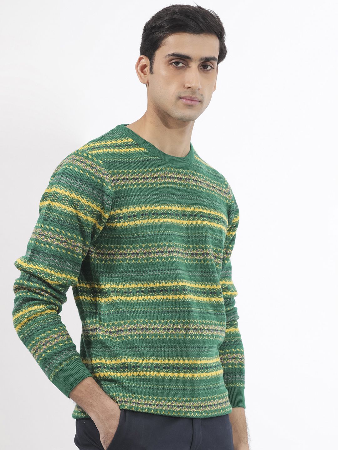 RARE RABBIT Men Fare Crew Neck Chevron Printed Acrylic Sweater