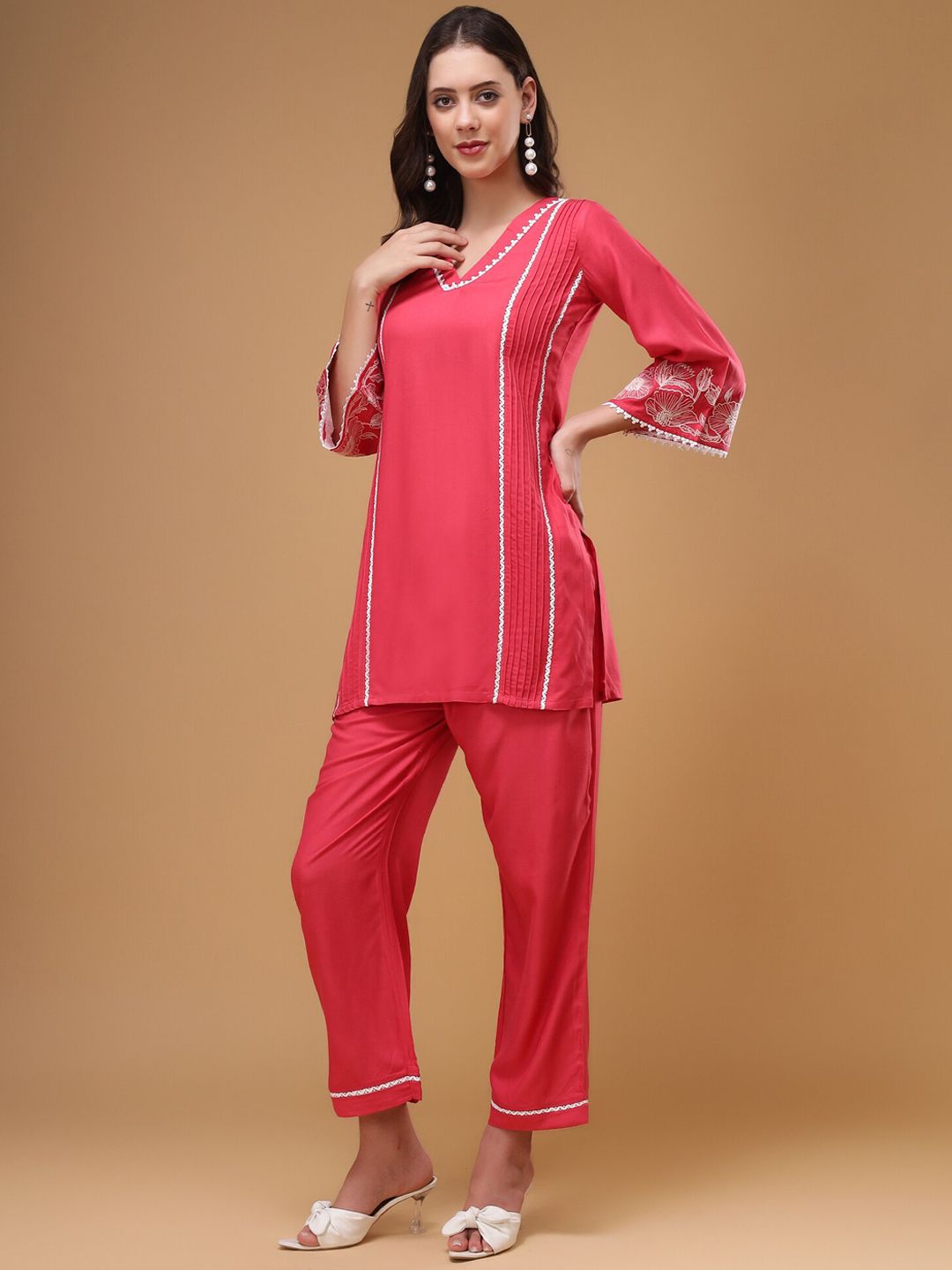 Bani Women Floral Embroidered V-Neck Lace Top & Flared Trouser