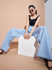 SASSAFRAS BASICS Women Wide Leg Mid Rise Light Fade Jeans