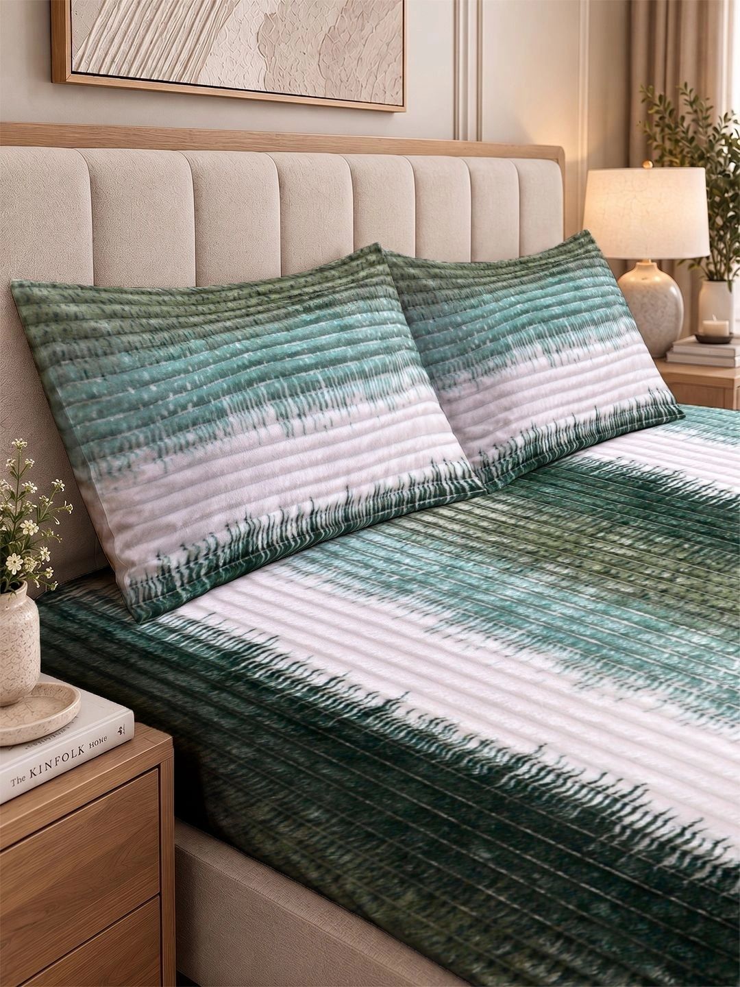 KLOTTHE Green & White Striped 300 TC King Bedsheet with 2 Pillow Covers