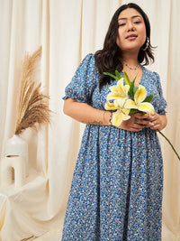Berrylush Curve Blue Curve Floral Print Puff Sleeve Crepe Empire Midi Dress