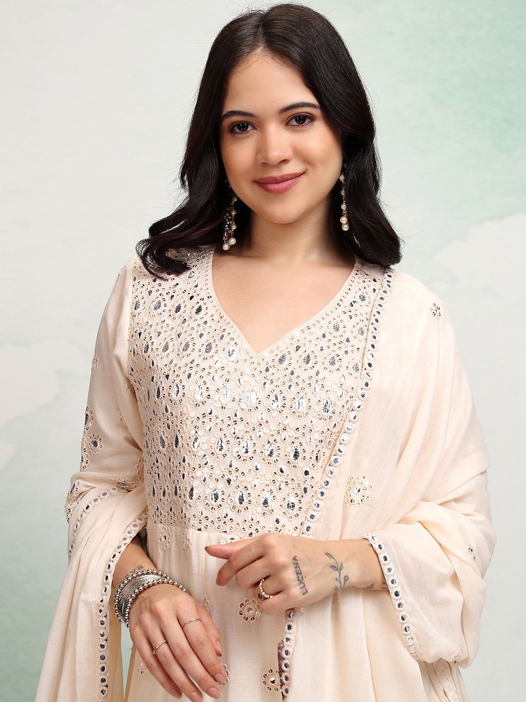 Vishudh Embroidered Regular Mirror Work Pure Cotton Anarkali Kurta Set