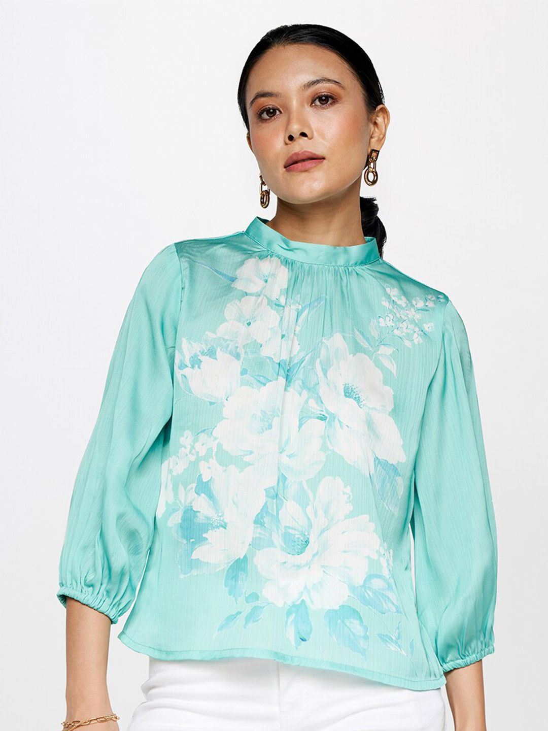 AND Floral Printed High Neck Gathered Puff Sleeves Top