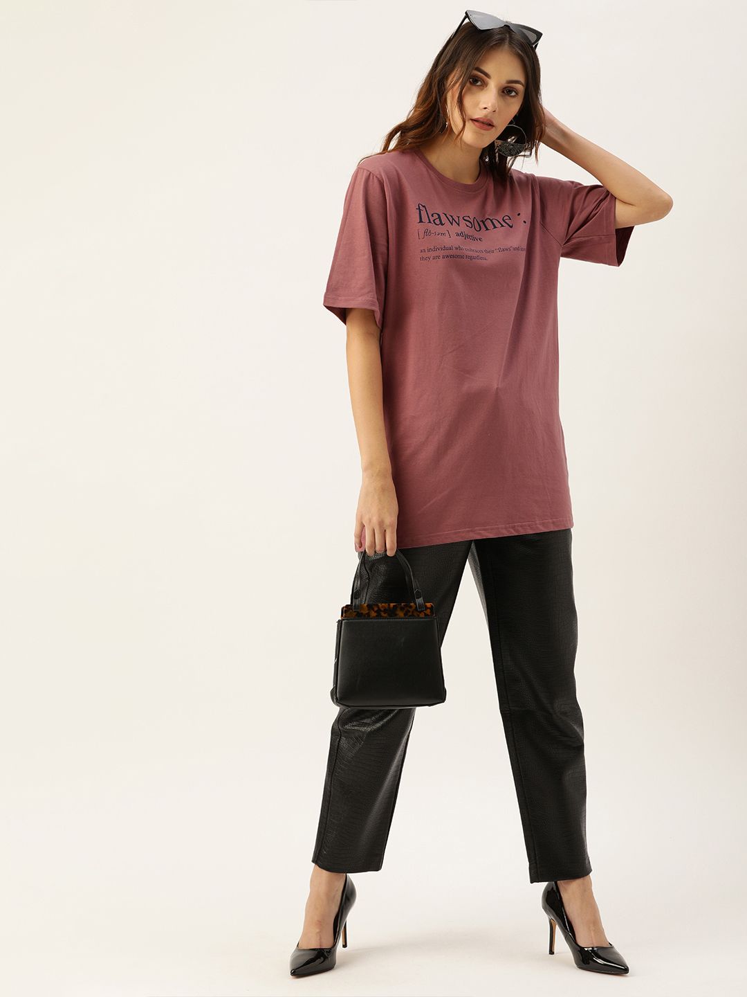 DILLINGER Women Rose Printed Longline Oversized Cotton Pure Cotton T-shirt