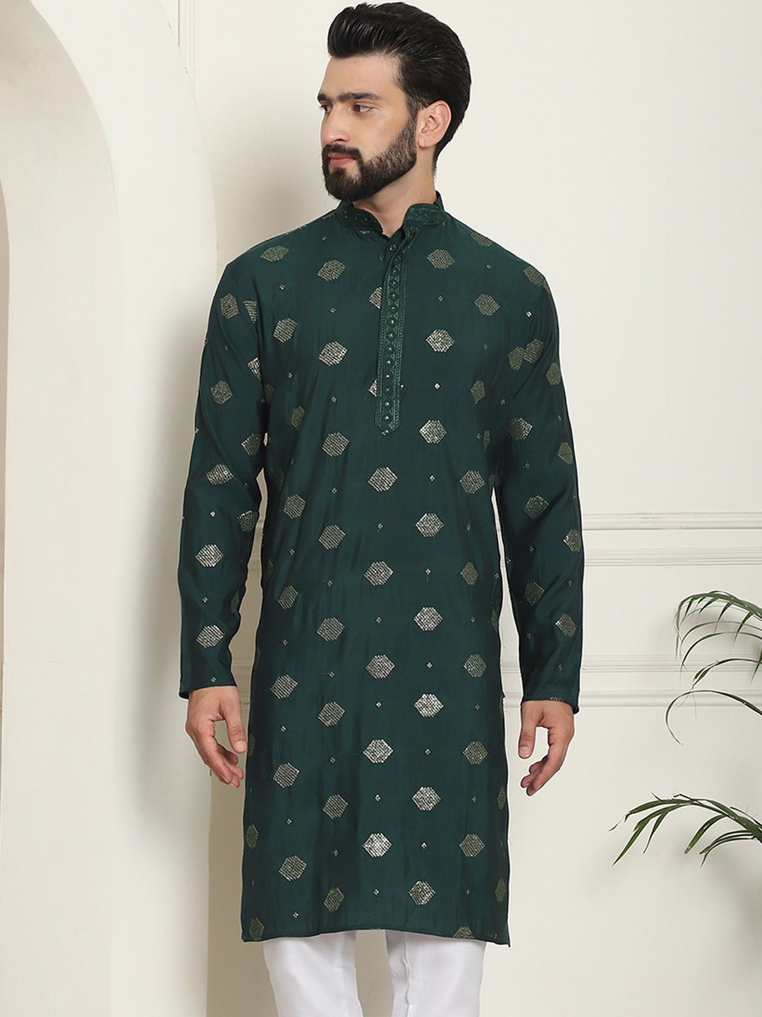 SOJANYA Men  Cotton Silk Sequinned Embroidered Green Long Geometric Thread Work Kurta