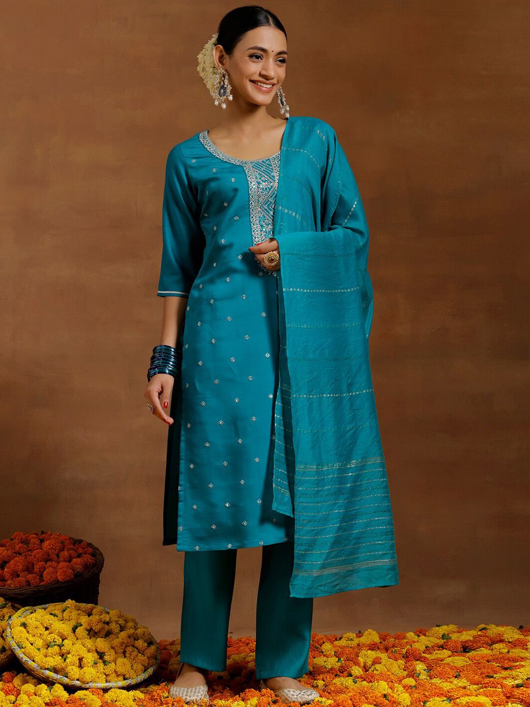 Gerua By Libas Floral Embroidered Sequinned Kurta With Trousers & Dupatta