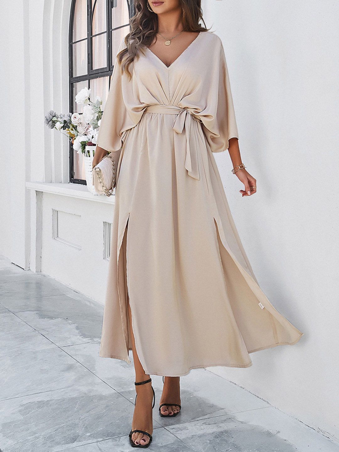 all about you Champagne Flared Sleeve V-Neck Maxi Dress