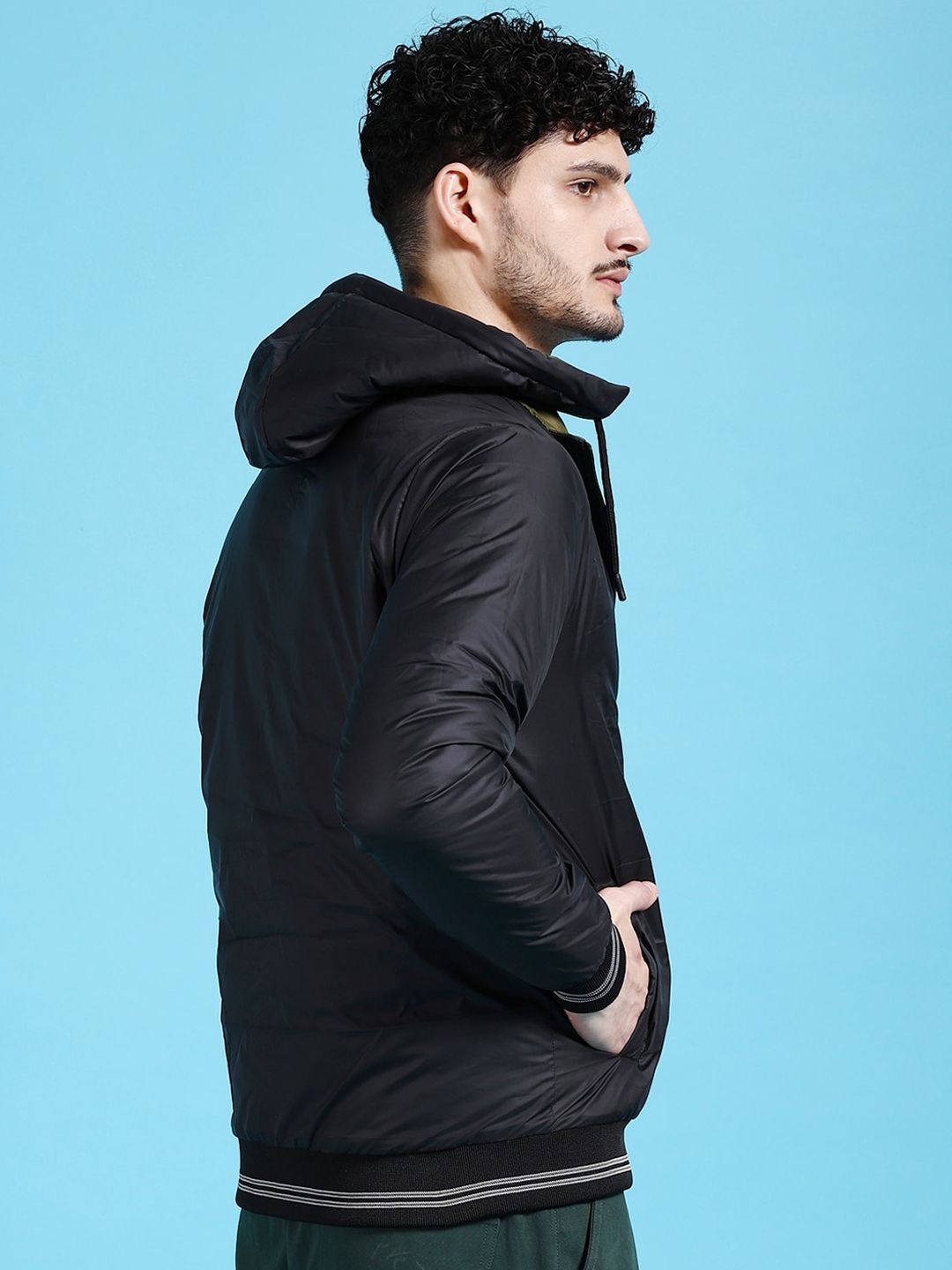 The Indian Garage Co Olive Green & Black Hooded Reversible Puffer Jacket