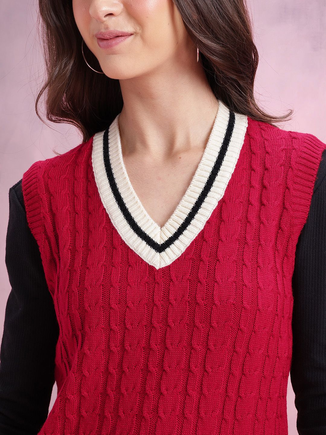 DressBerry Cable Knit Contrast Trim Sweater Vest