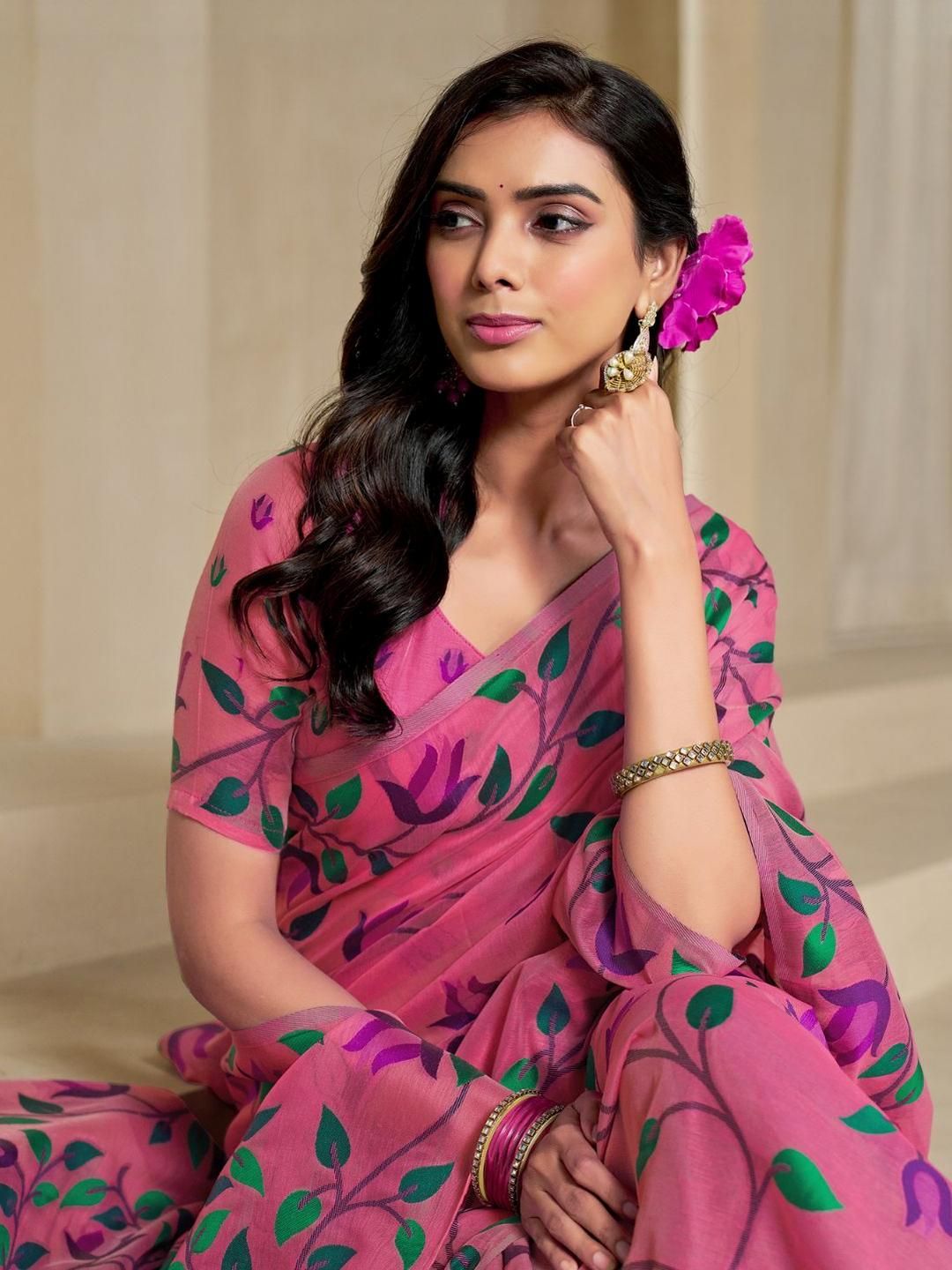 KALINI Pink Pure Cotton Woven Design Sarees