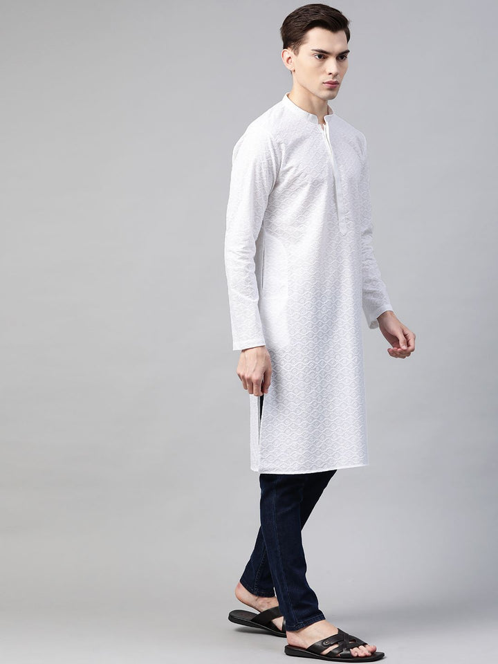 See Designs Men White Ethnic Motifs Chikankari Embroidered Straight Kurta