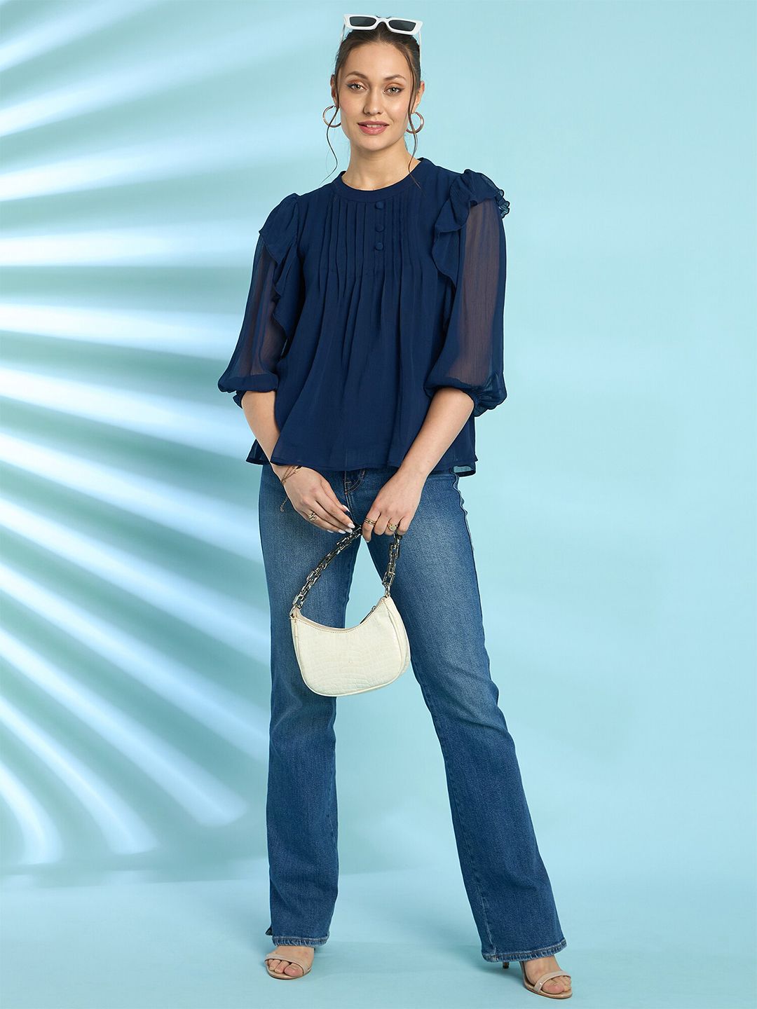 Antheaa Navy Round Neck Flared Sleeve Chiffon A-Line Top