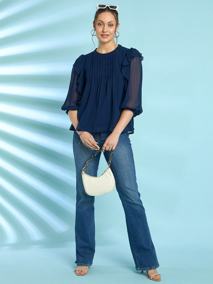 Antheaa Navy Round Neck Flared Sleeve Chiffon A-Line Top