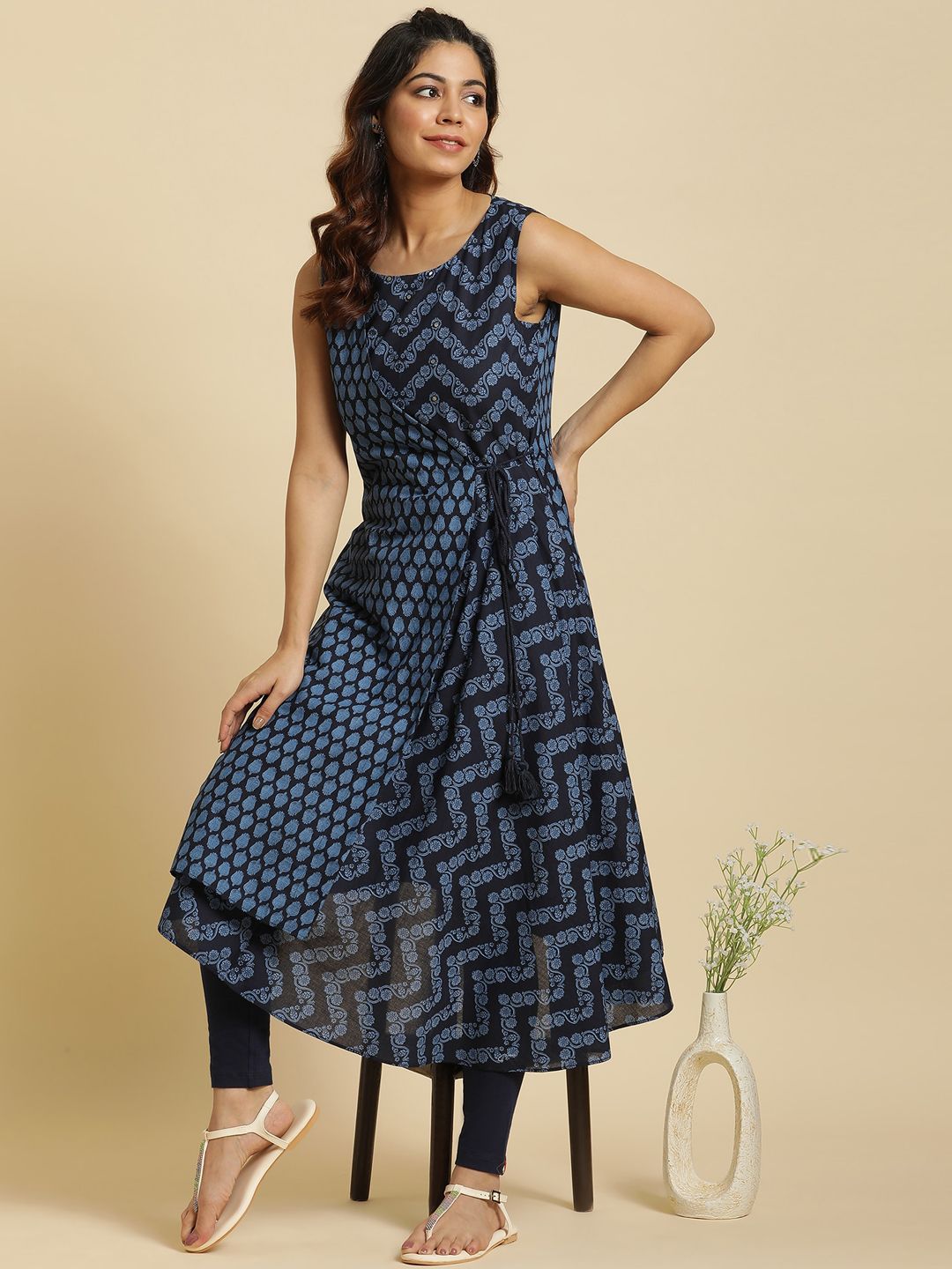 W Blue Ethnic Motifs Printed Pure Cotton Anarkali Kurta