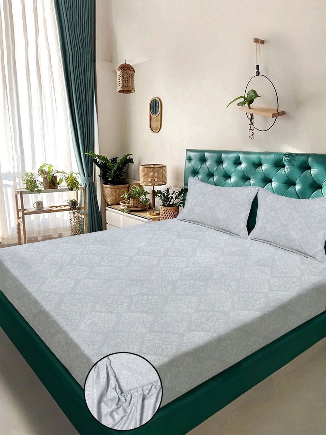 Myntra Elegant Homes Grey Floral 300 TC King Bedsheet with 2 Pillow Covers