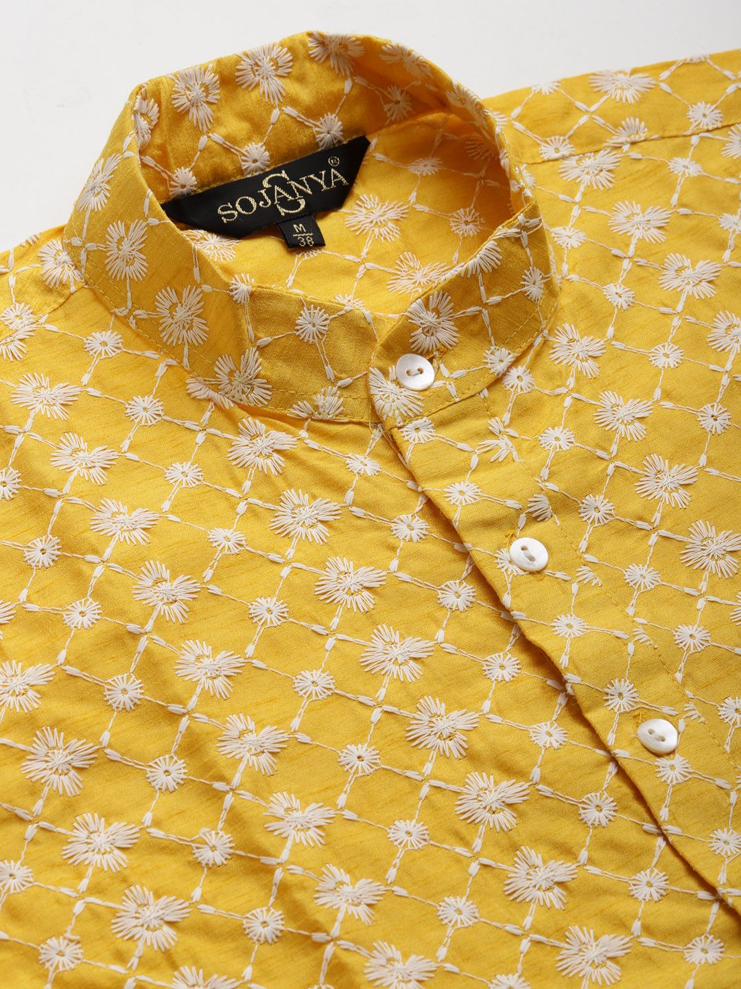 SOJANYA Men Yellow & White Embroidered Thread Work Kurta with Churidar & Nehru Jacket