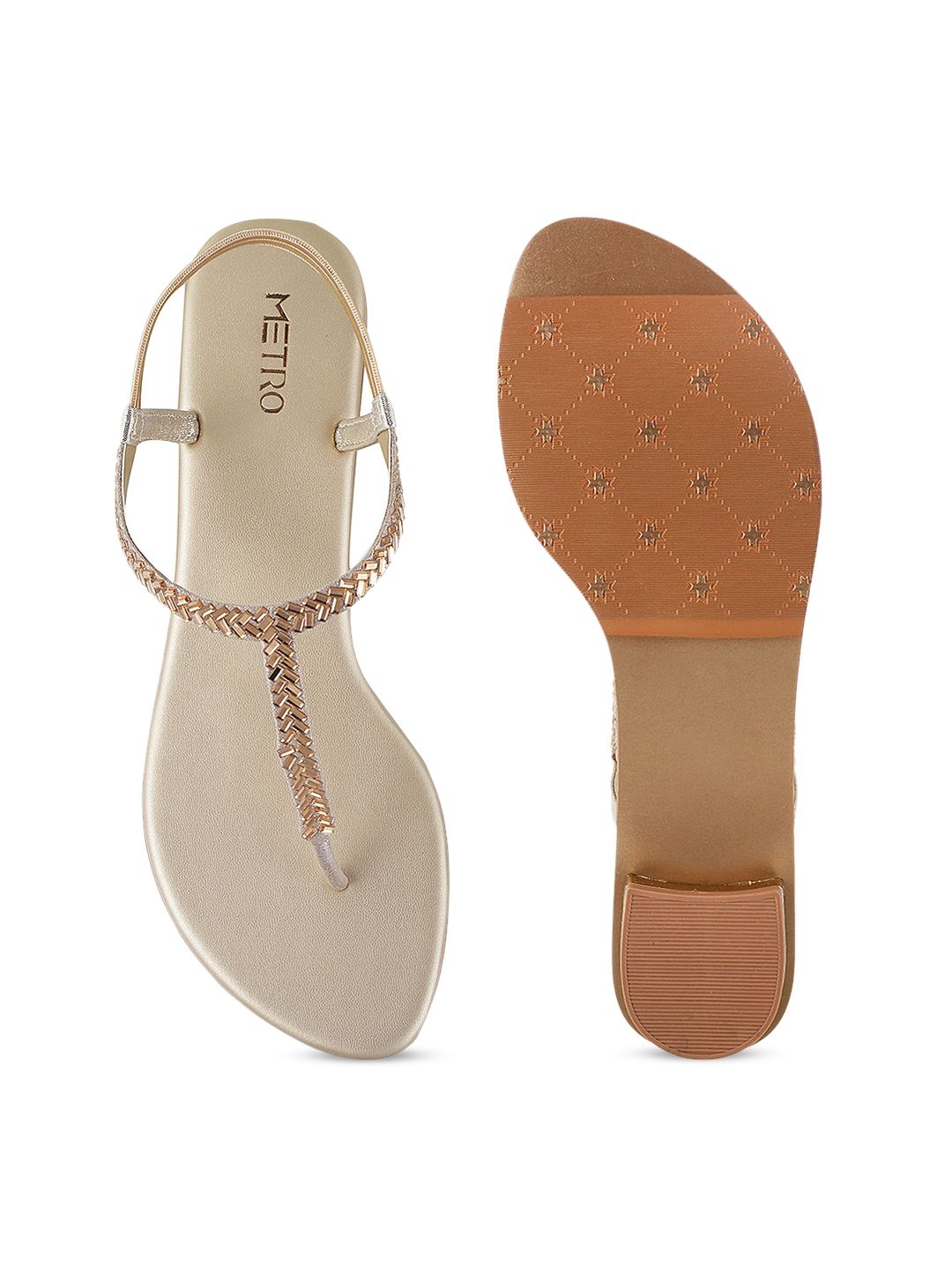 Metro Women Gold-Toned Solid Synthetic T-Strap Flats