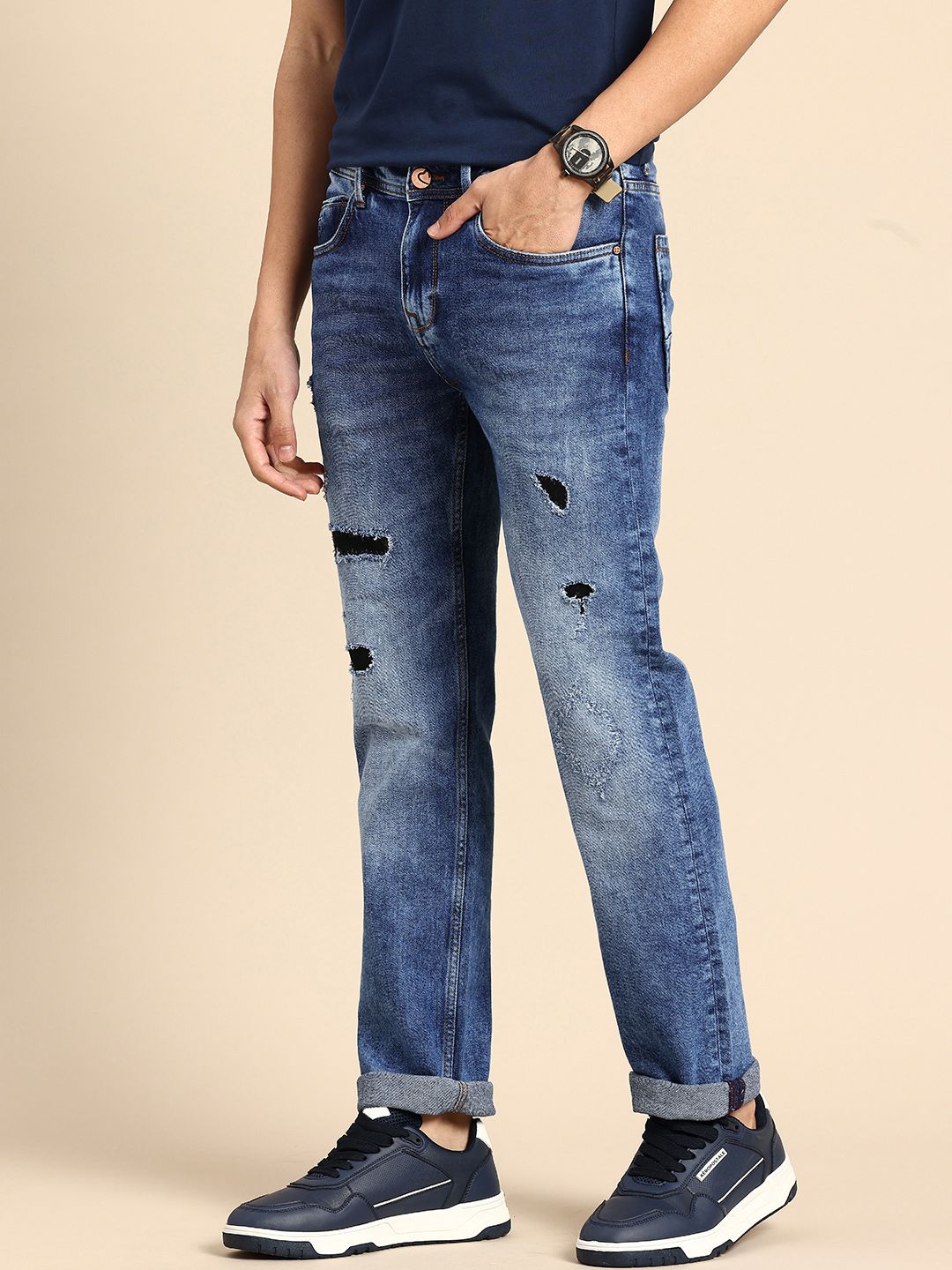 Being Human Men Krypton Straight Fit Low Distress Heavy Fade Stretchable Jeans