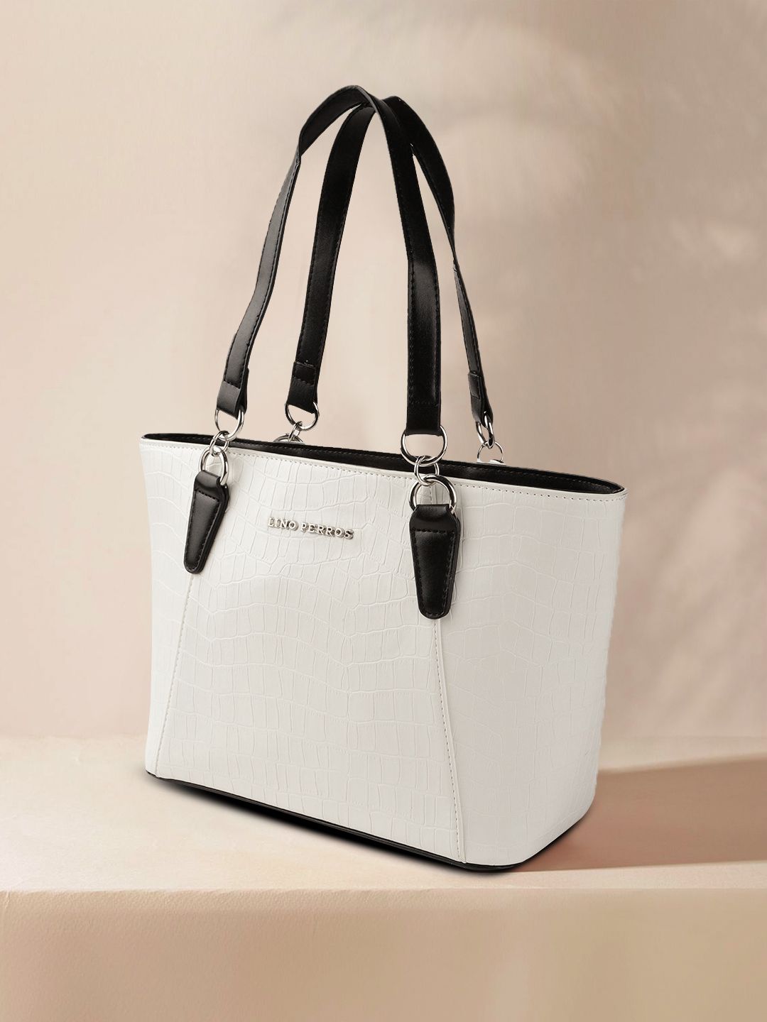 Lino Perros White Textured PU Structured Handheld Bag