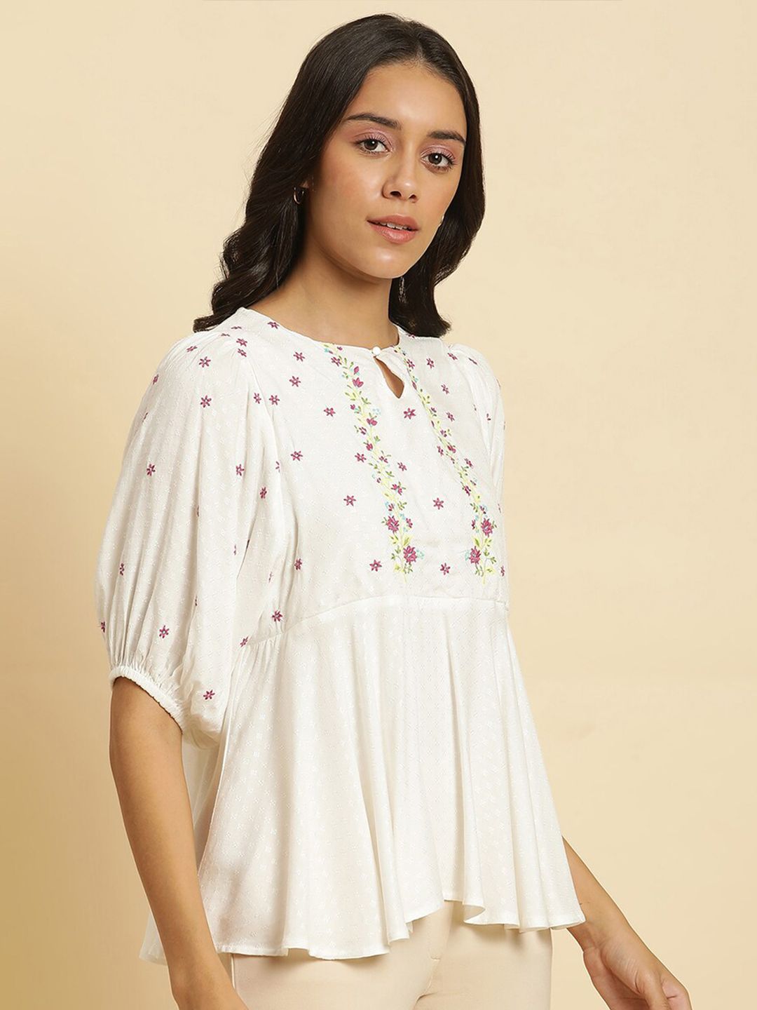 W Floral Embroidered Puff Sleeve A Line Top