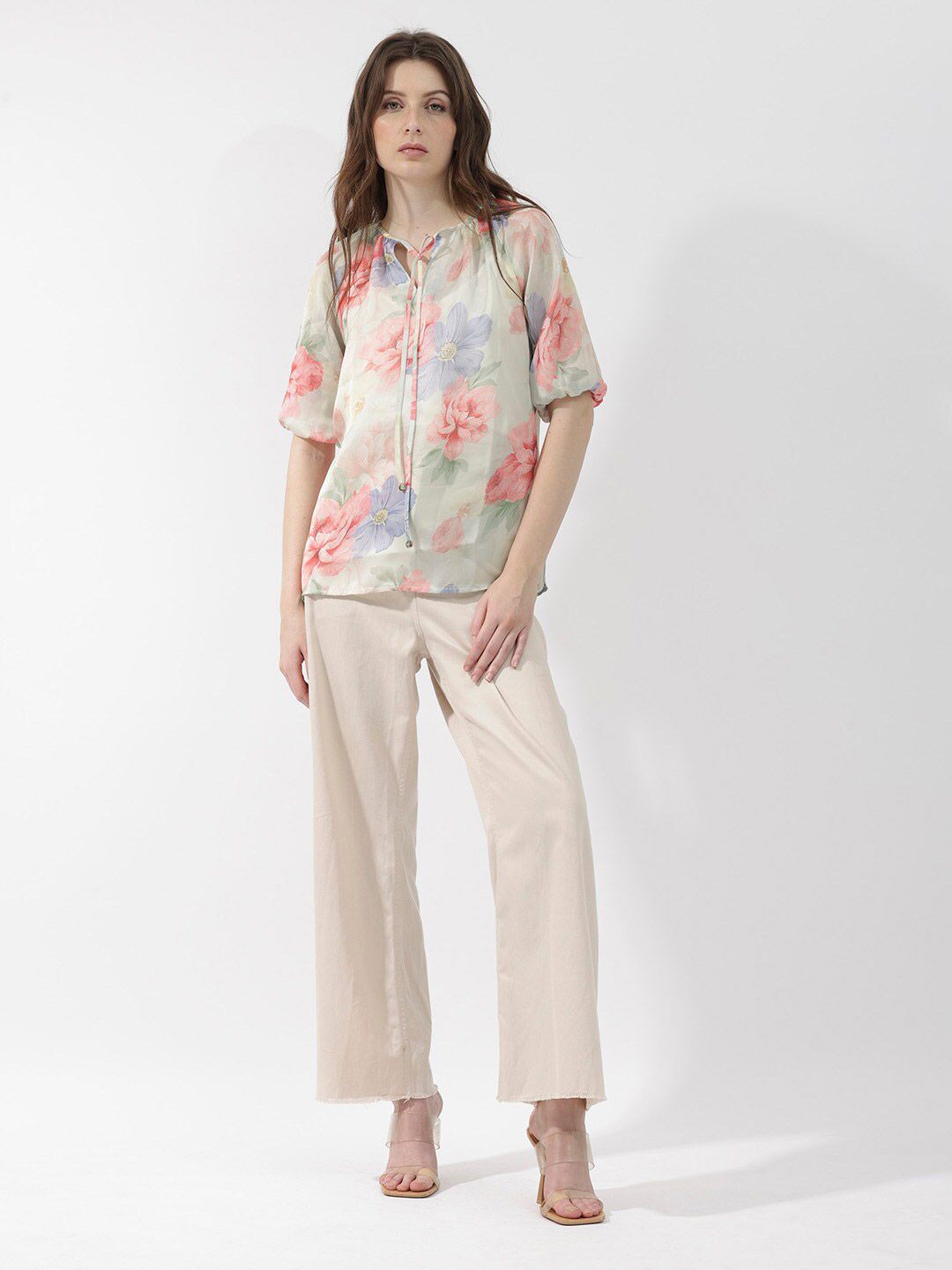 RAREISM Floral Print Tie-Up Neck Top