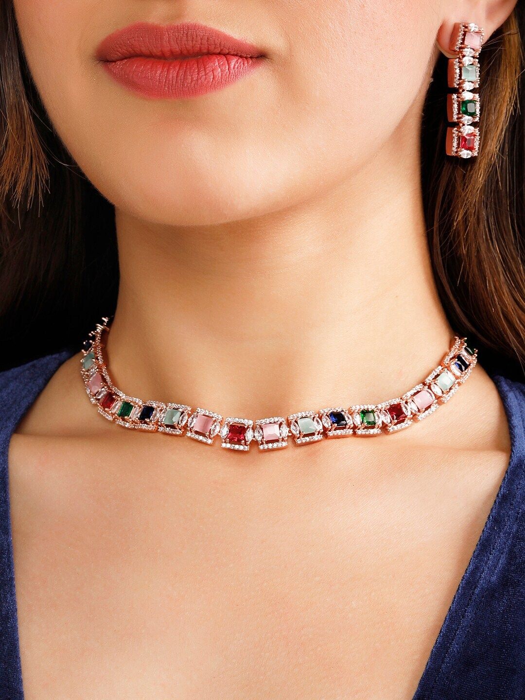 Rubans 22k Rose Gold Plated Multicolour Zirconia Zirconia Studded Handcracted Necklace Set.