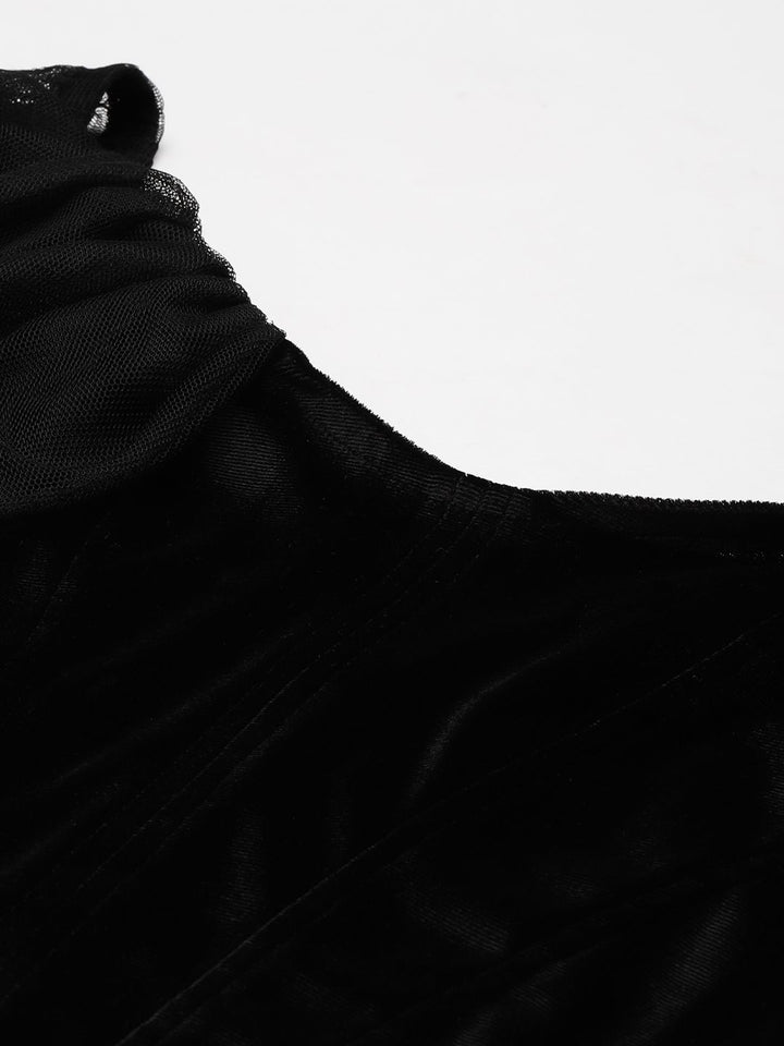 SASSAFRAS Black Off-Shoulder Velvet Crop Bardot Blouse