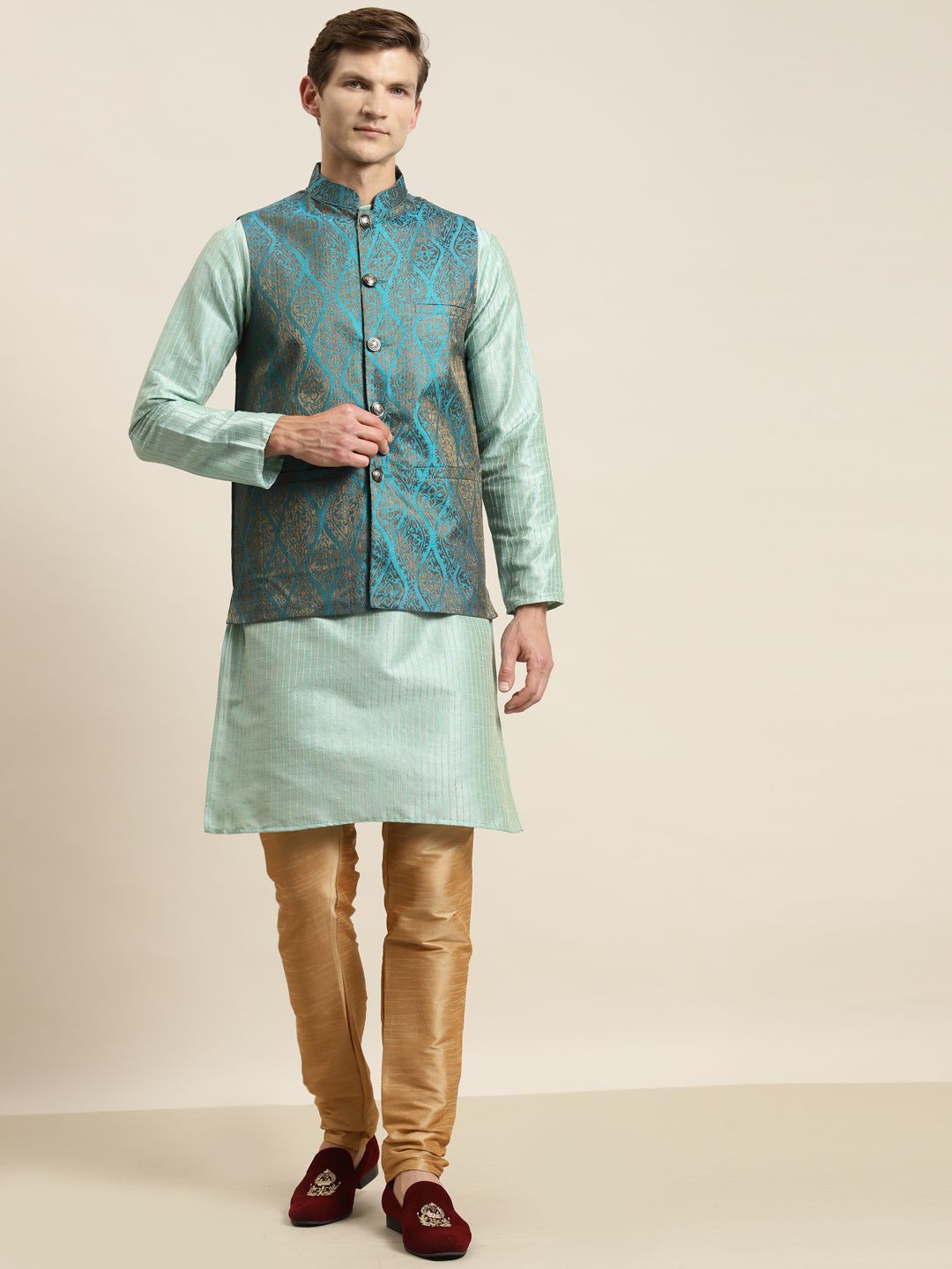 SOJANYA Kurta Belang Hijau Laut Lelaki dengan Jaket Churidar & Nehru