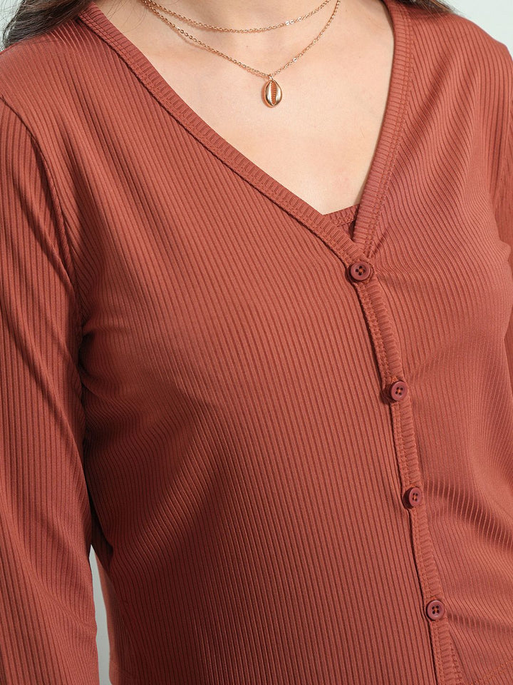 Tokyo Talkies Rust Shoulder Straps Camitop With Cardigan And Trouser