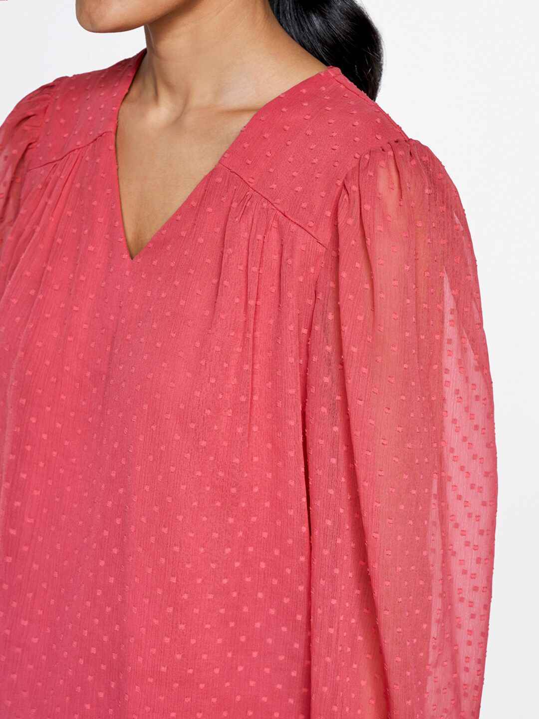 AND Self Design V-Neck Puff Sleeves Top