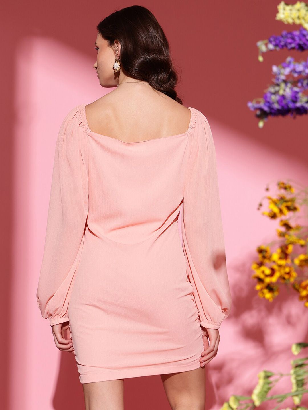 STREET 9 Square Neck Puff Sleeves Gathered Georgette Sheath Dress