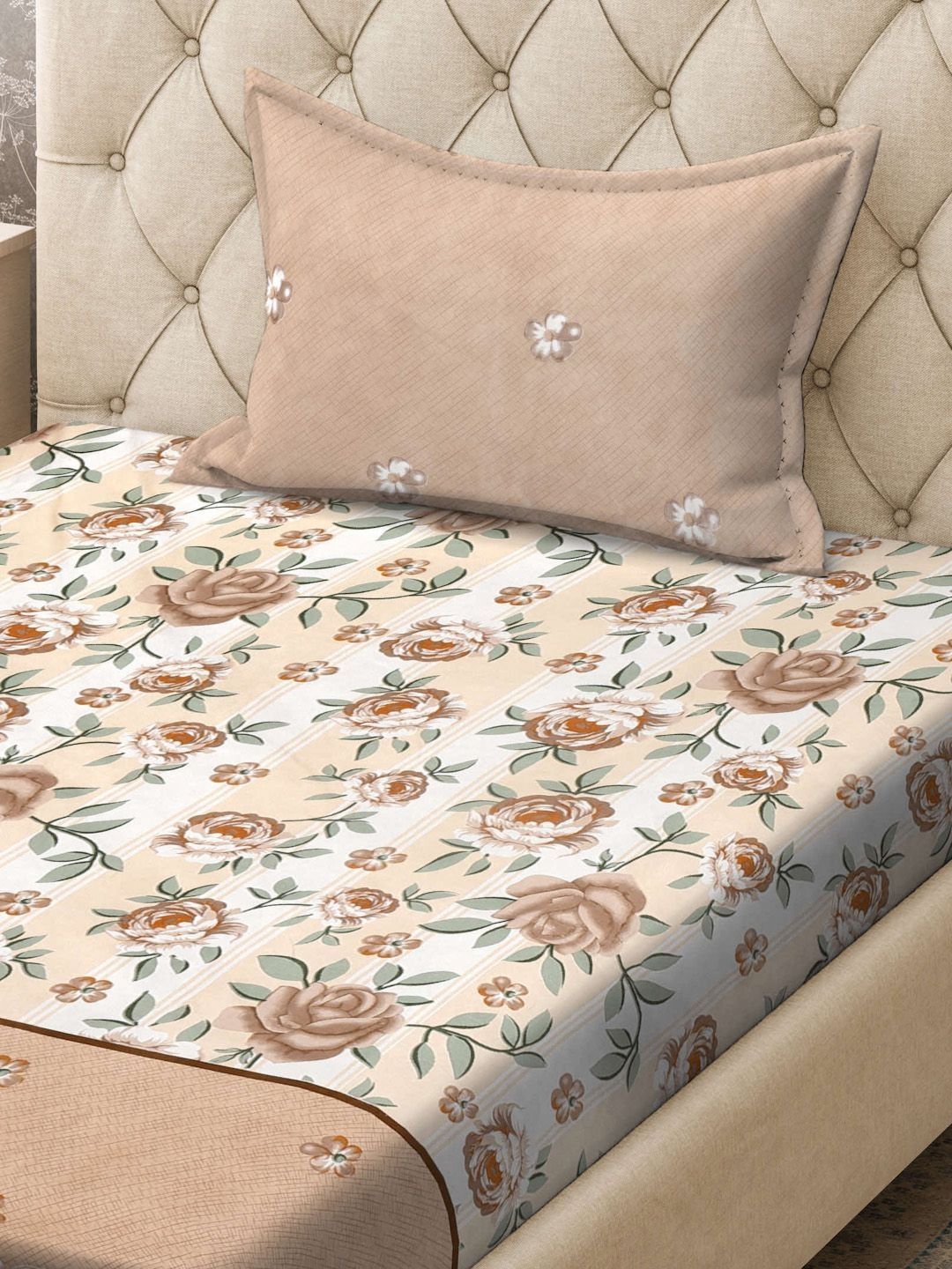 KLOTTHE Brown & White Floral Printed 300TC Single Bedsheet & 1Pillow Cover