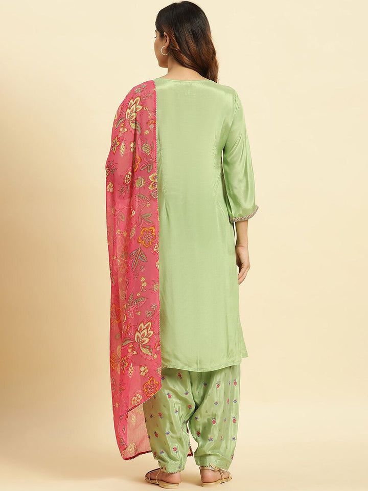 W Square Neck Thread Work Detailed A-Line Kurta & Salwar With Dupatta
