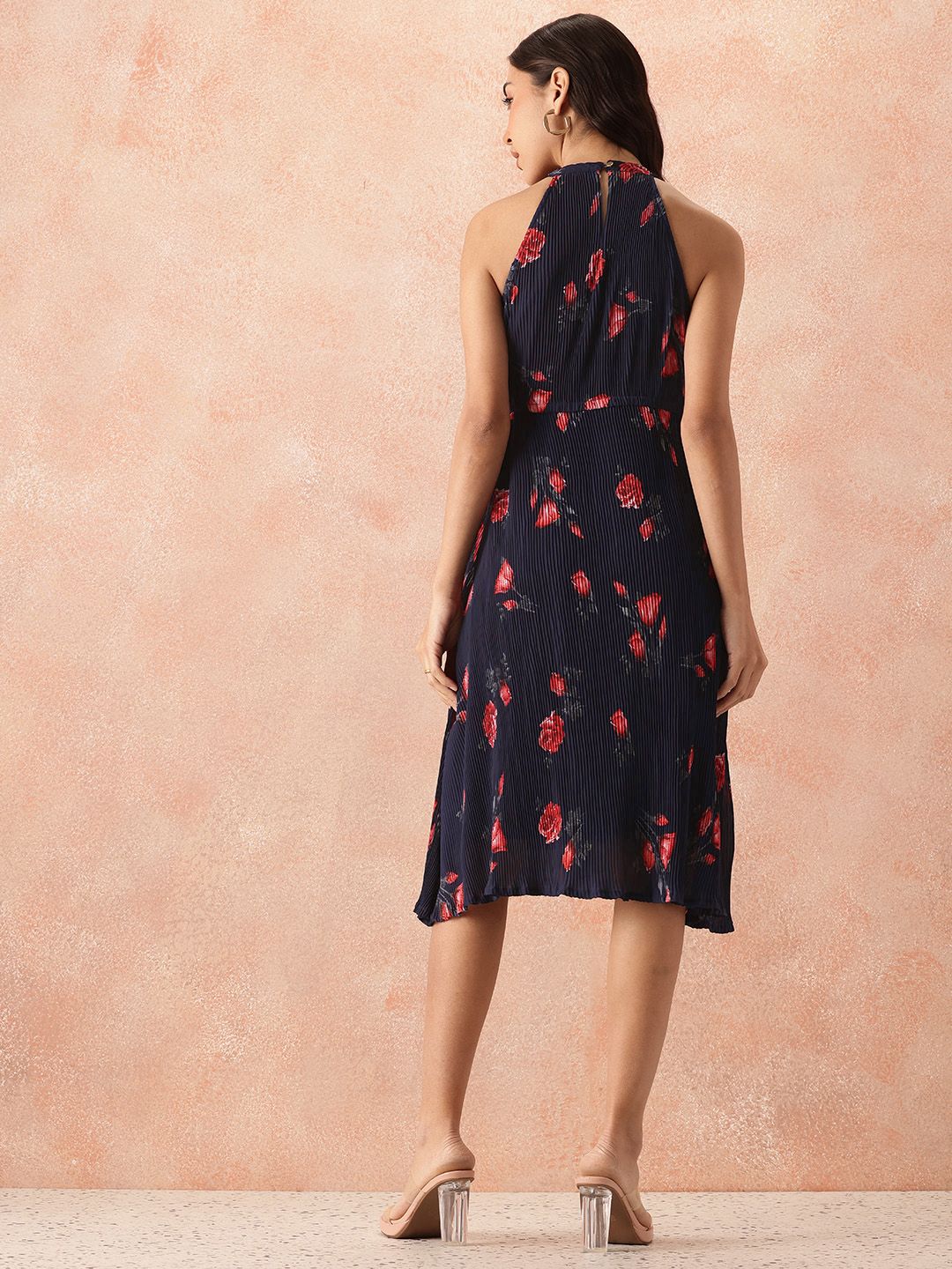all about you Floral Print Halter Neck Accordion Pleats Fit & Flare Midi Dress